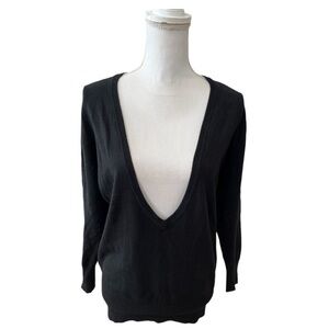 525 America Plunge Deep V-Neck Boyfriend Sweater Black Cotton-Blend - S